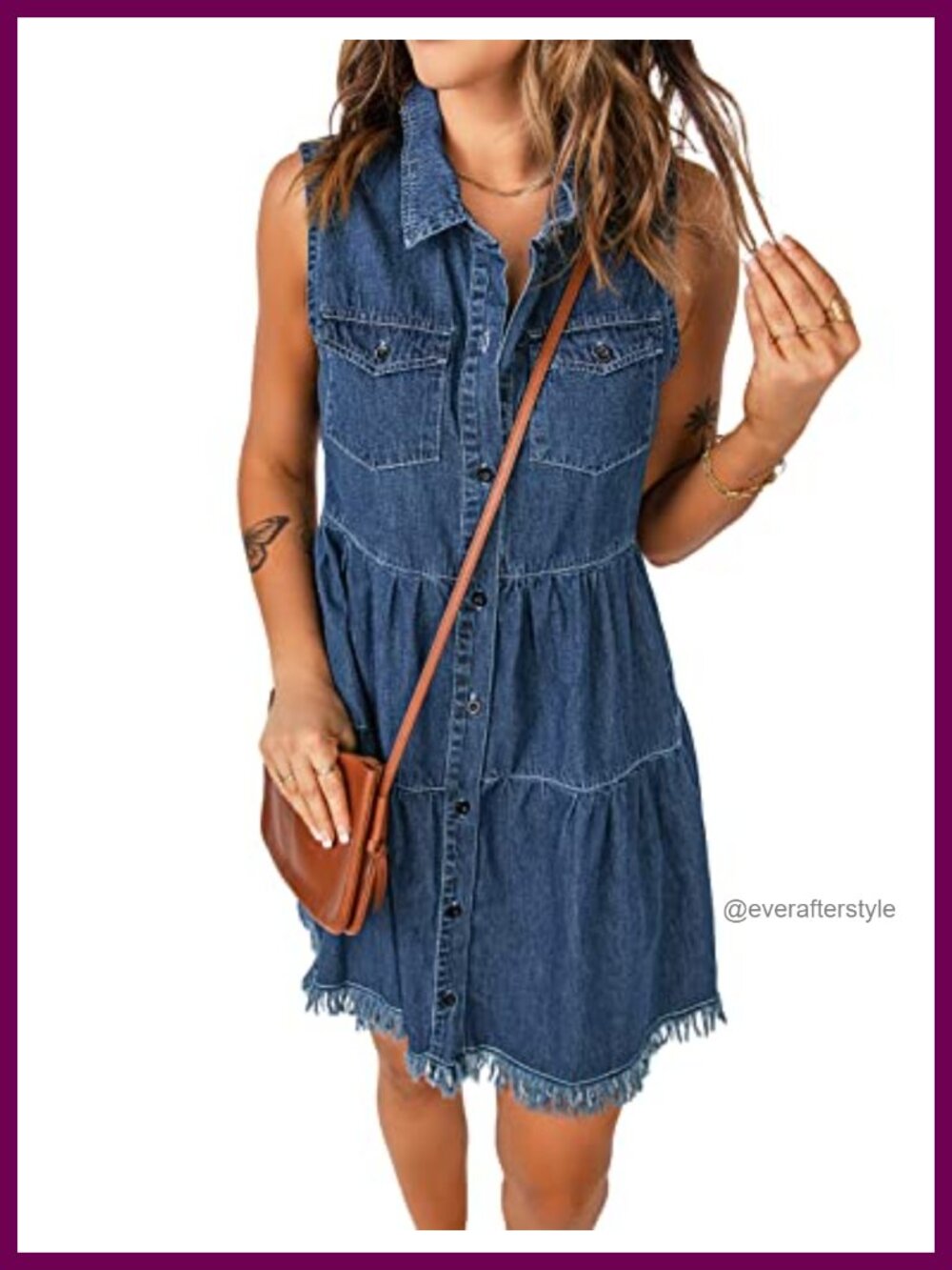 Sleeveless Button Down Denim Dress Collared Chest Pockets Raw Hem